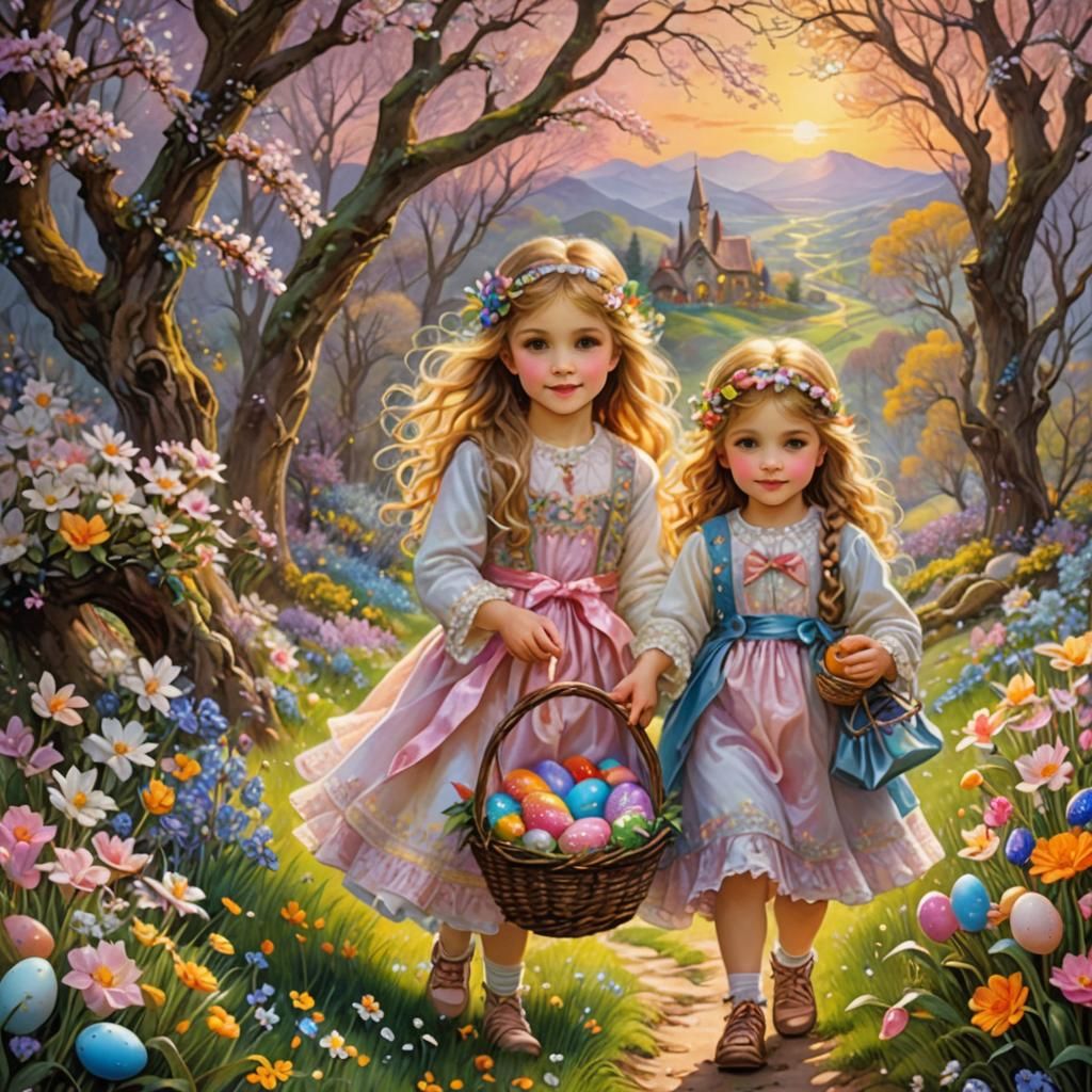 Kinuko y craft josephine wall, two adorable beautiful happy girls on an (easter egg hunt), holding easter ...  by @Krizza