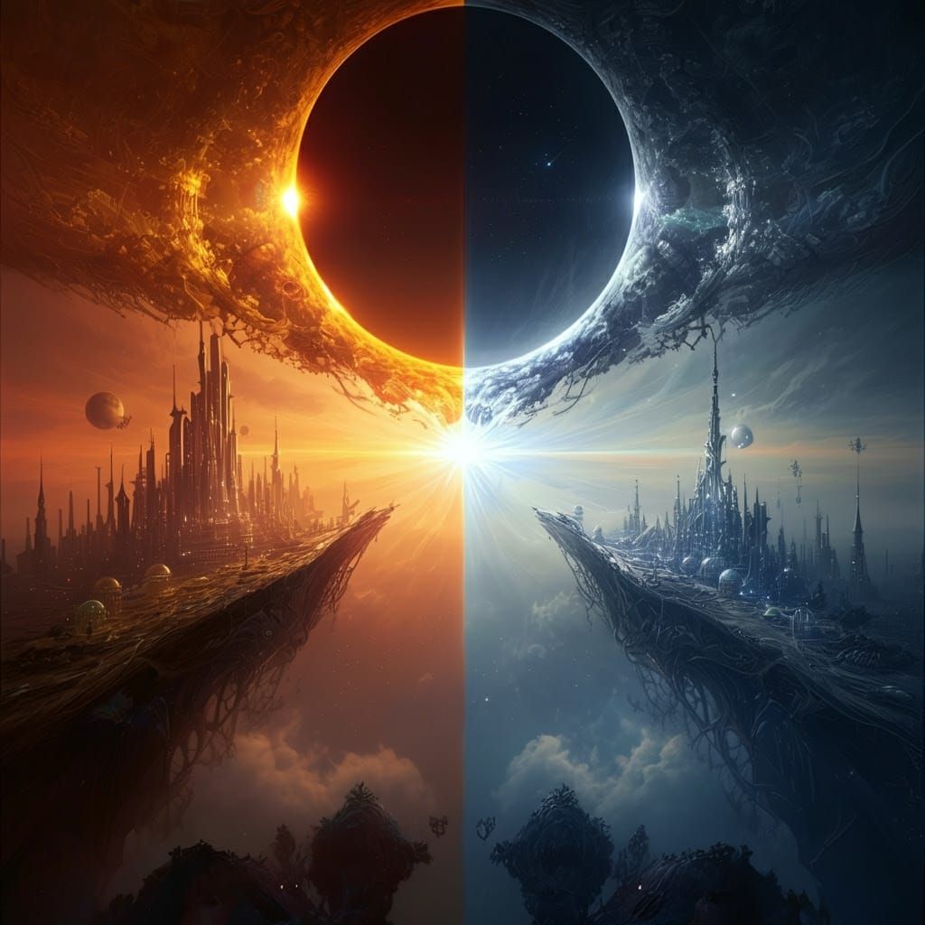 An epic album cover for 'Eclipsed Realms,' depicting a dramatic eclipse where a golden sun and a glowing silver moon overlap. One side shows...