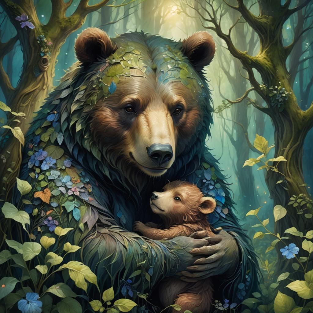 Bear Hugs Child in Fantasy Forest Glade