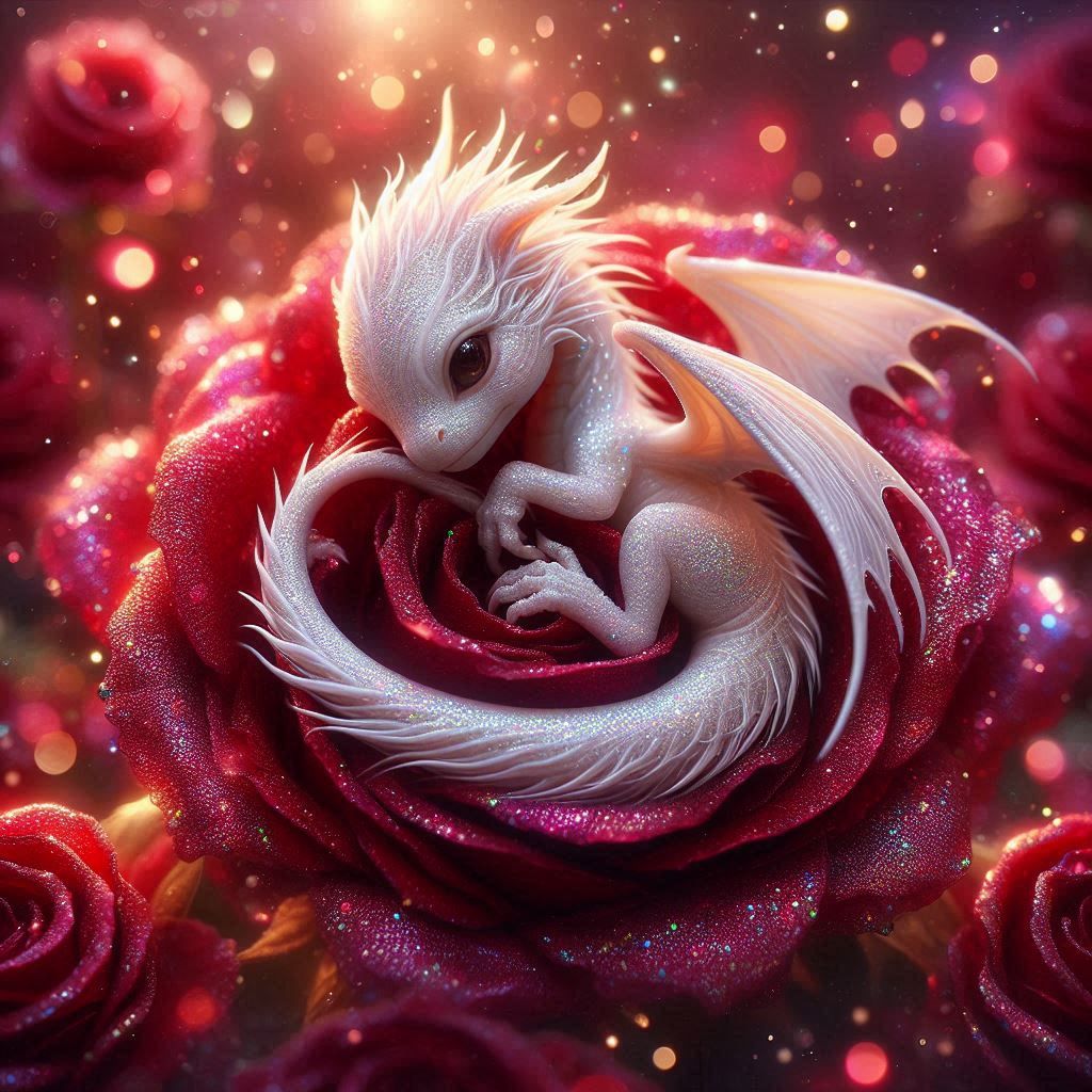 Cute baby Dragon curled up in a Glittery Red Rose (2)