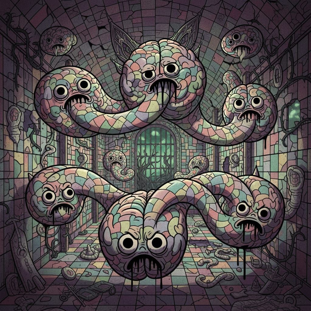 Weirdcore Brains in Pastel Asylum, 1960s Cartoon Style
