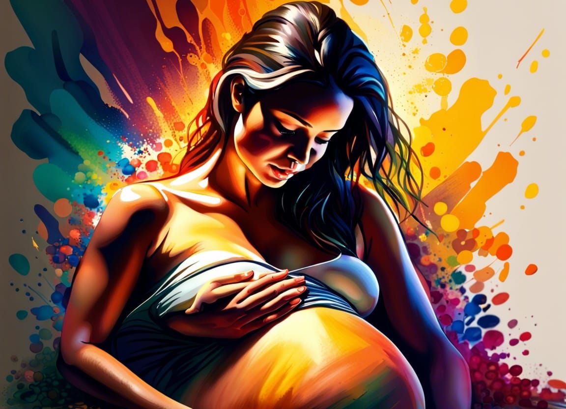 A beautiful young pregnant woman, sitting on the floor, arms...