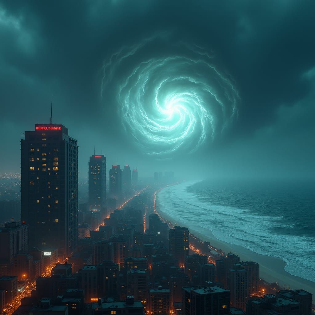 "A tempestuous hurricane raging over a coastal city, with skyscrapers swaying and debris swirling through the air under dark, swirling cloud...