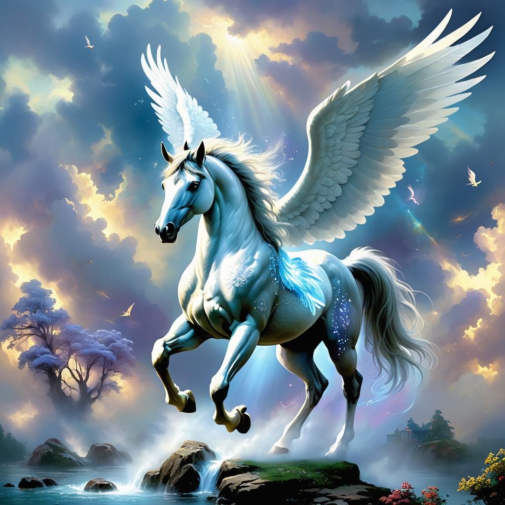 A majestic Pegasus with outspread wings ethereal fantasy hyp...