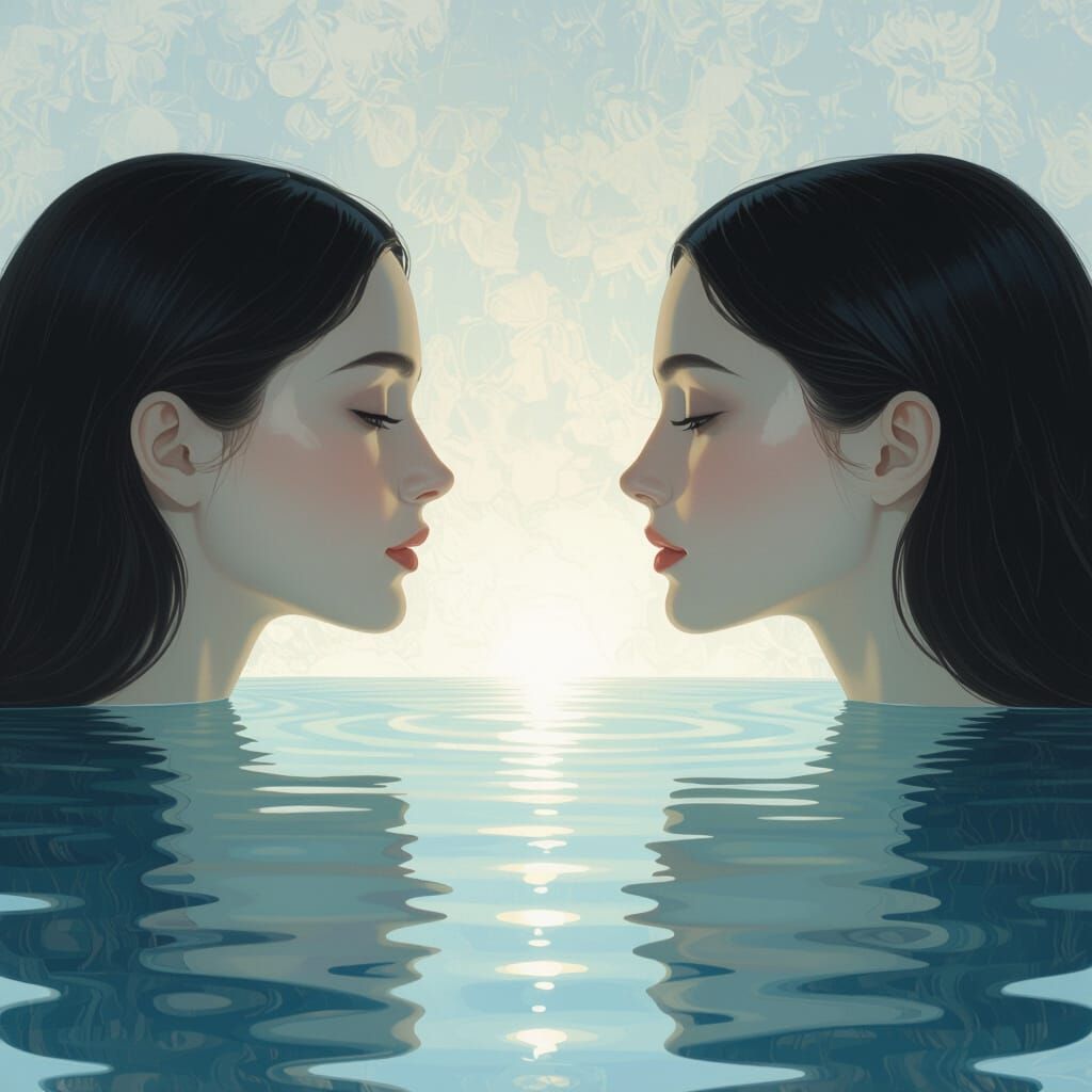 Two identical faces looking at each other in a mirrored reflection