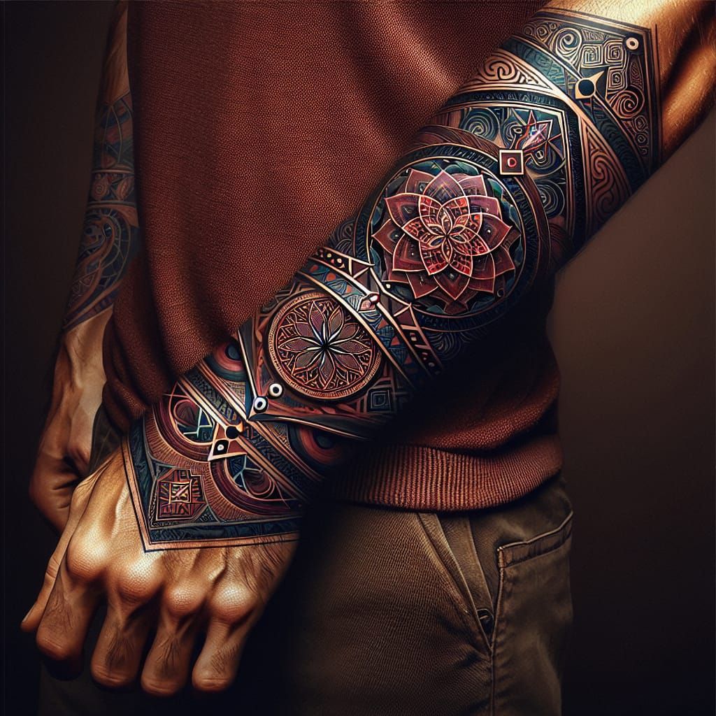 Art for a men's mandala forearm band tattoo, but using sacred geometry patterns instead of a mandala.