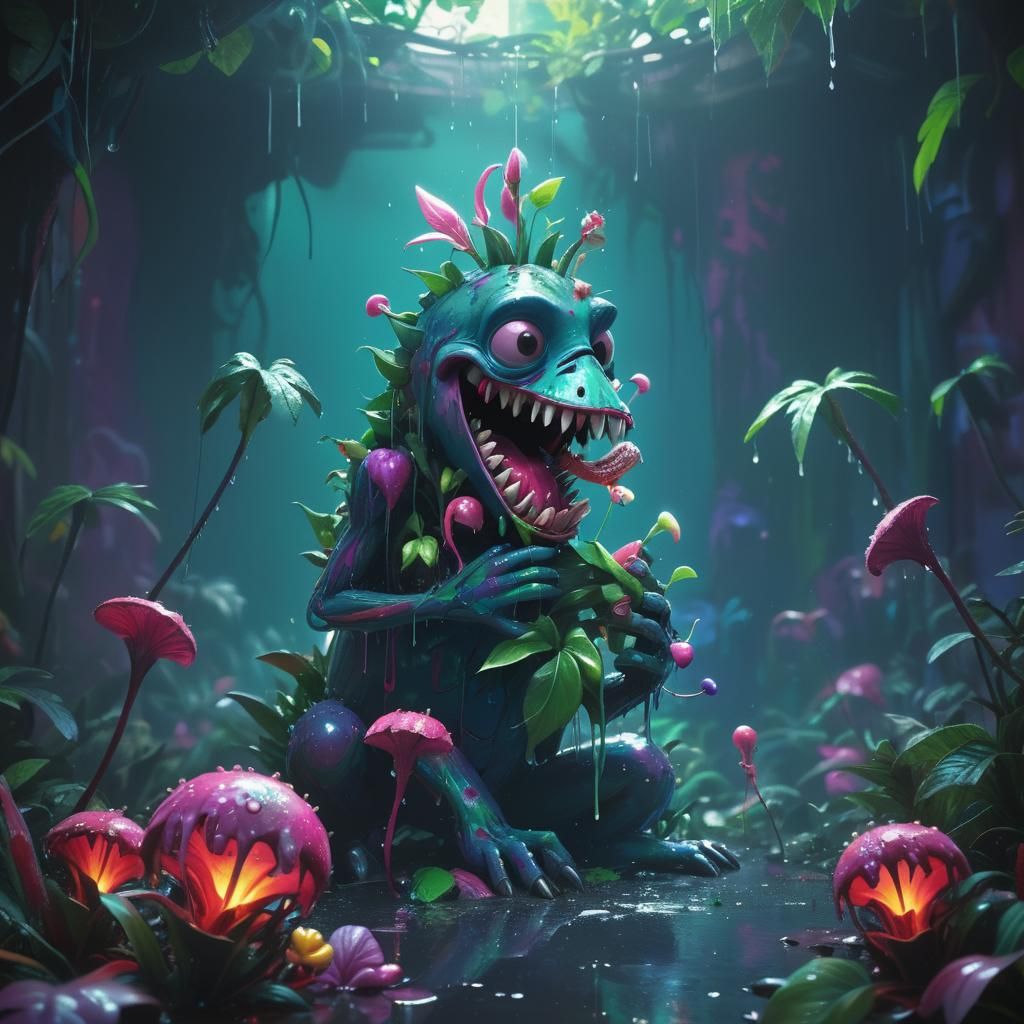 Hyper-realistic, mid shot. Cannibal plant eating its prey in...