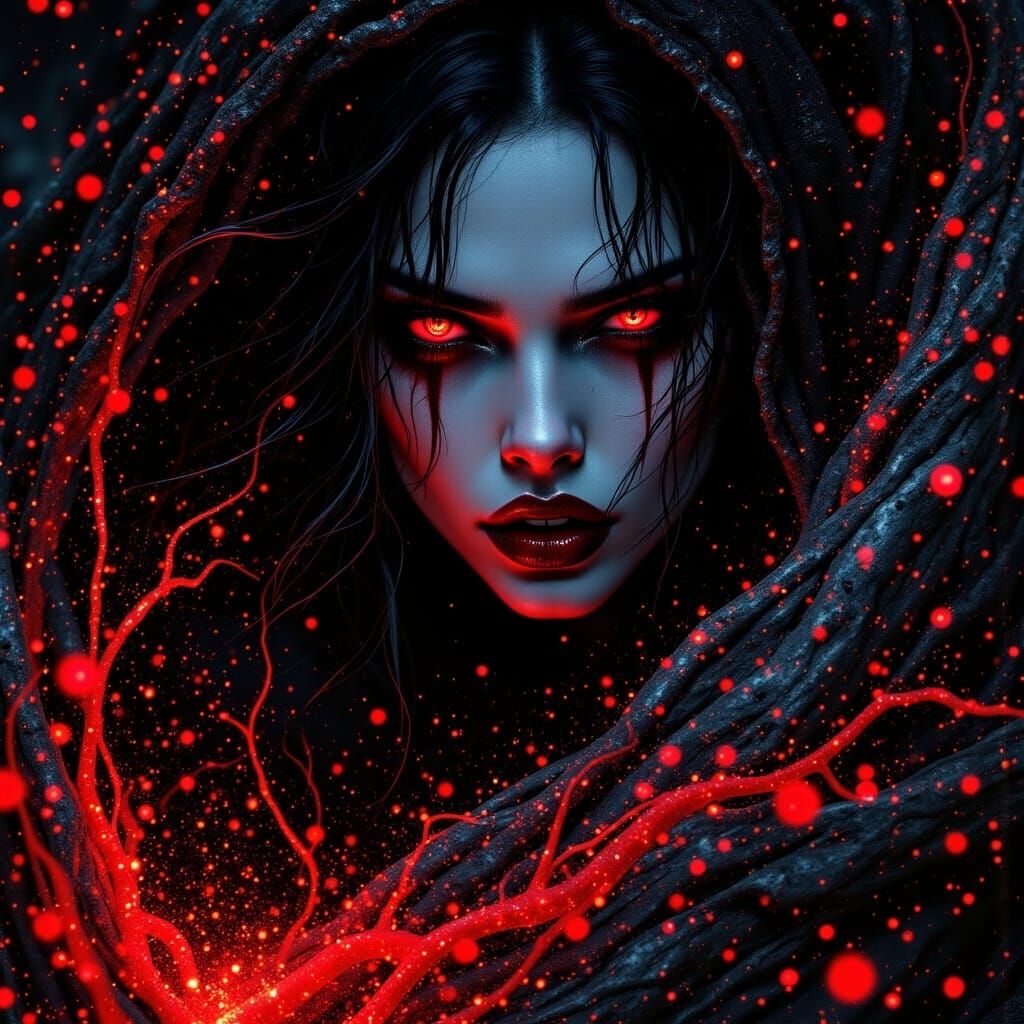 <lora:Dark Vampiress:1.0>;  sparkling red particles; high resolution wallpaper art; Metal Hurlant and Heavy Metal magazine style; vampiress;...