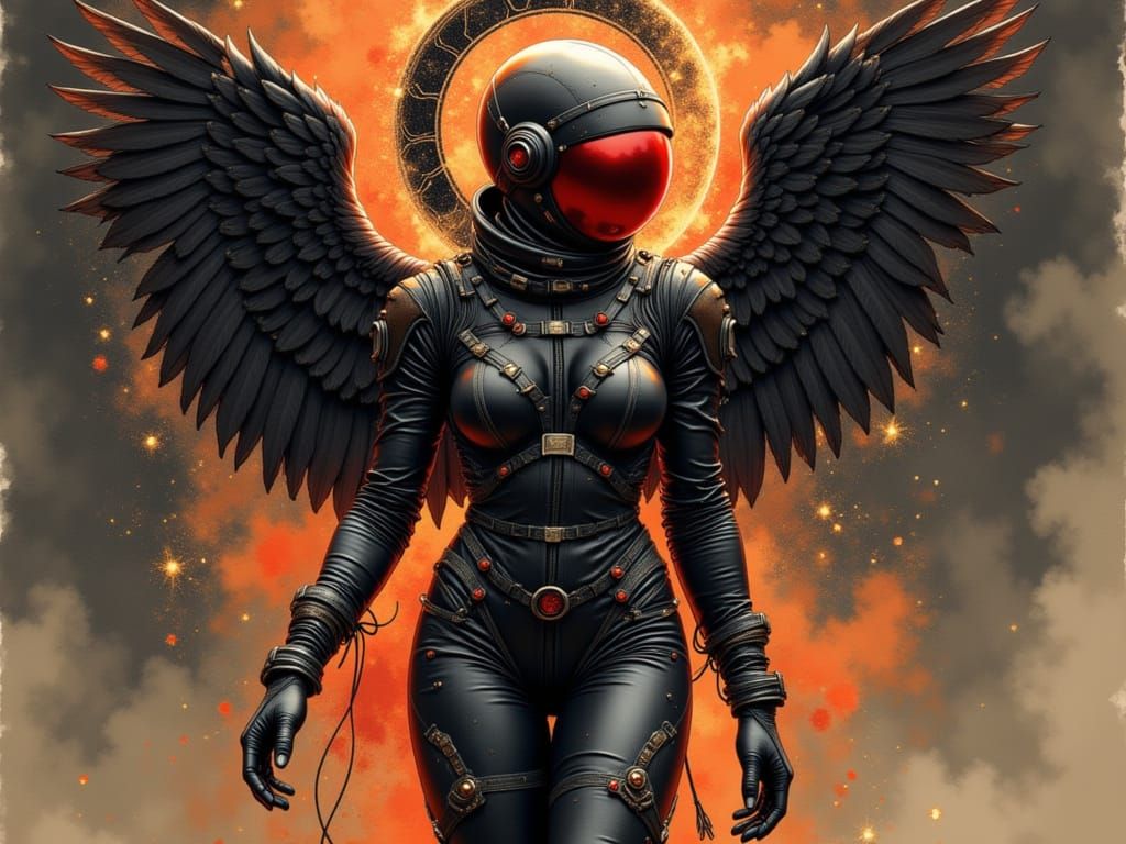 A fallen angel draped in tattered black silk wings, feathers glowing faintly like dying embers. Her beauty is flawless, luminous skin bathed...