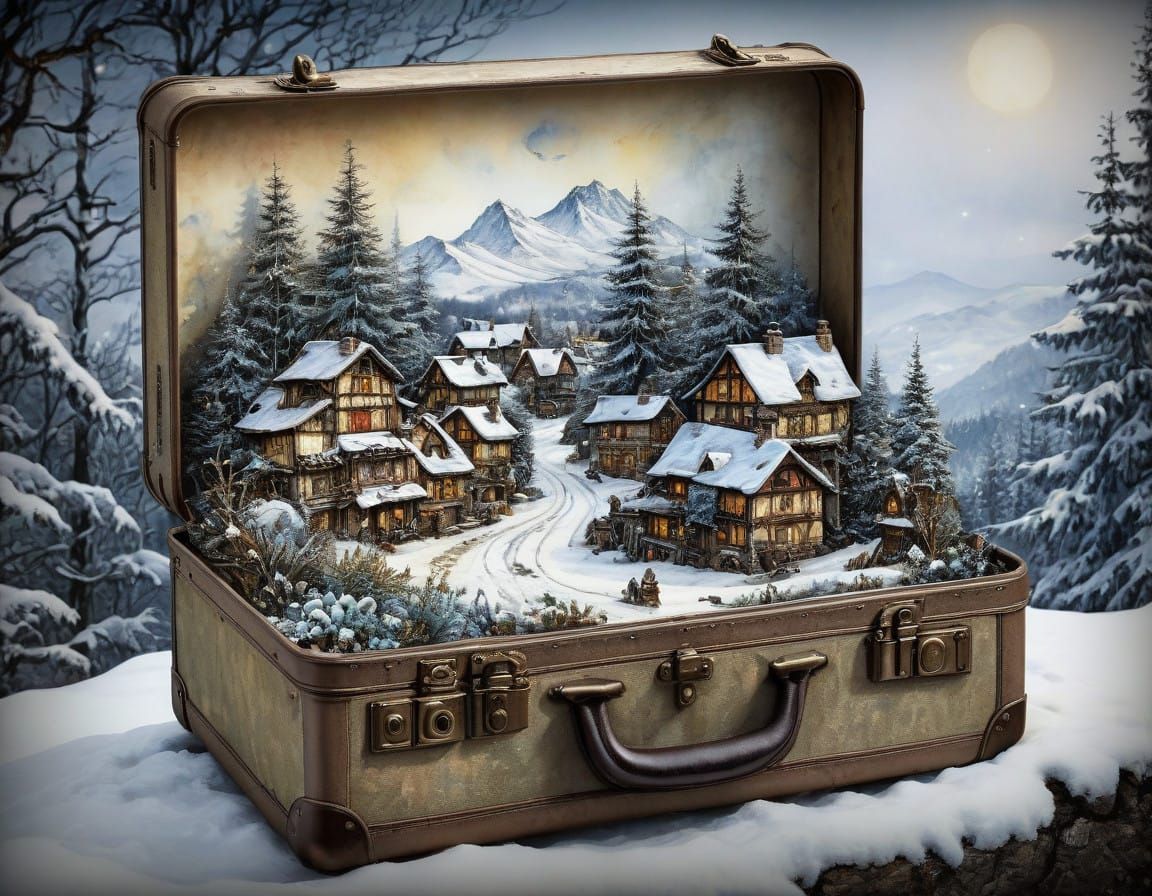 a beautiful snowy village inside a vintage suitcase.

 masterpiece  sensuality  watercolor  Jean-Baptiste ...  by @Kindly Offer