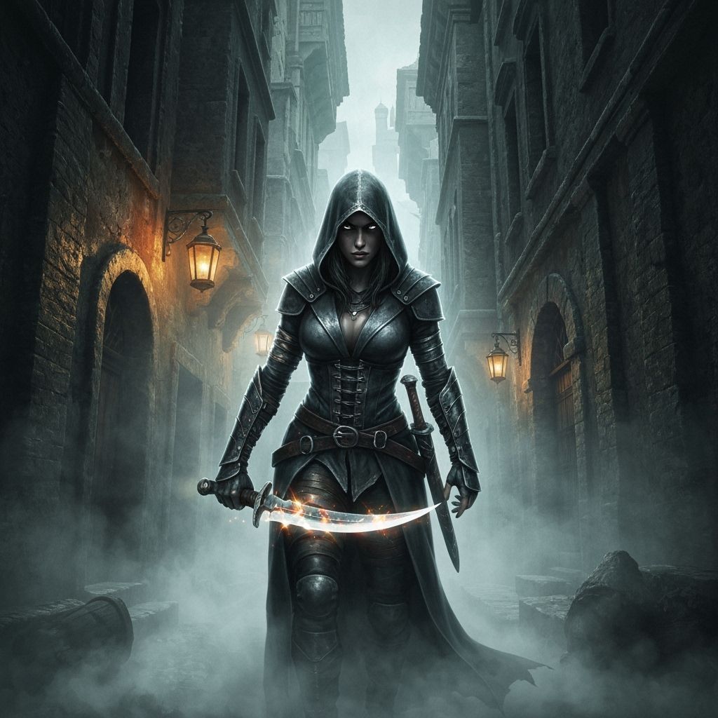 digitally rendered scene showing a hooded female assassin lurking in the shadows of a narrow, fog-filled alley. She carries a deadly curved ...