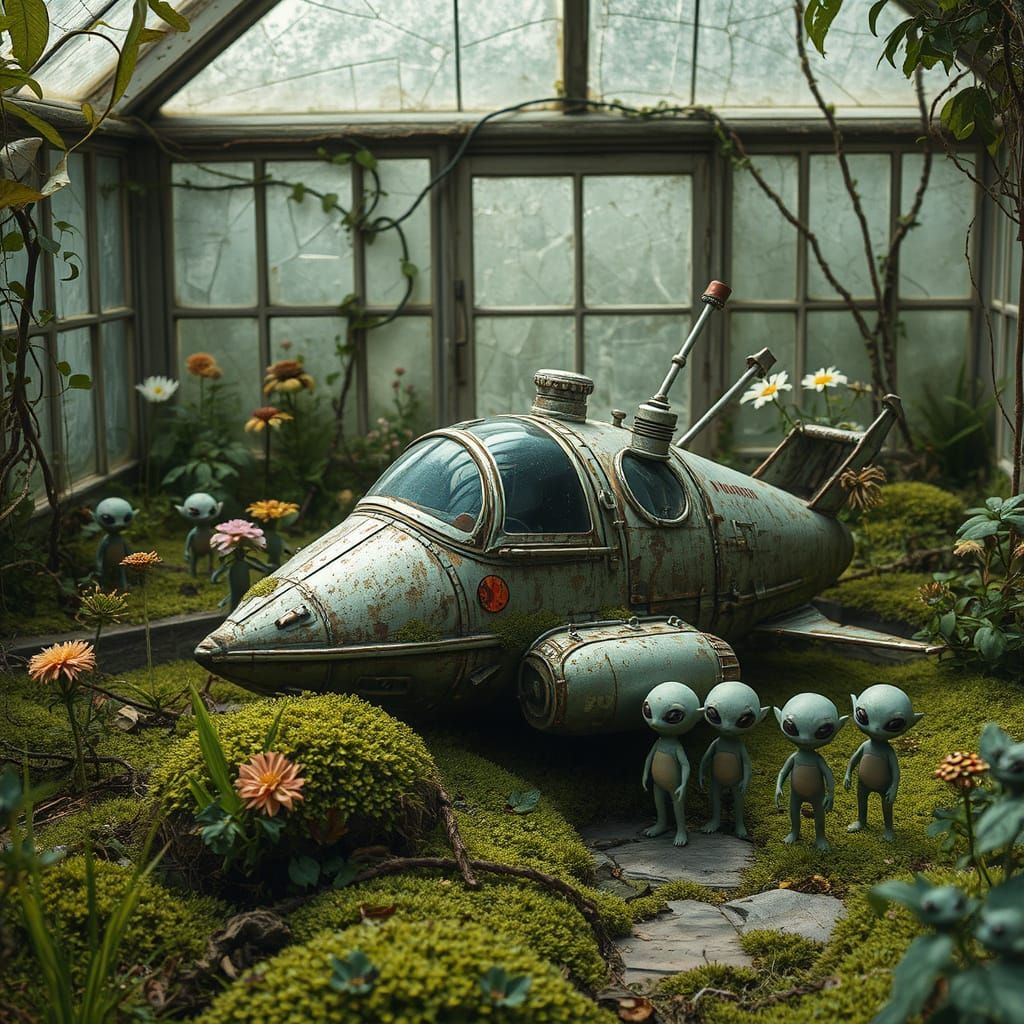 A weathered small whimsical metallic spaceship is resting on the moss-covered floor of an overgrown greenhouse, ...  by @albionsangel