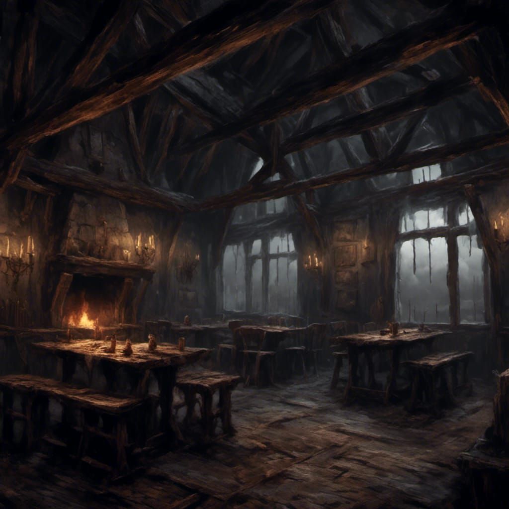 Tavern interior. Small windows, dark atmosphere, dark clouds. - AI ...