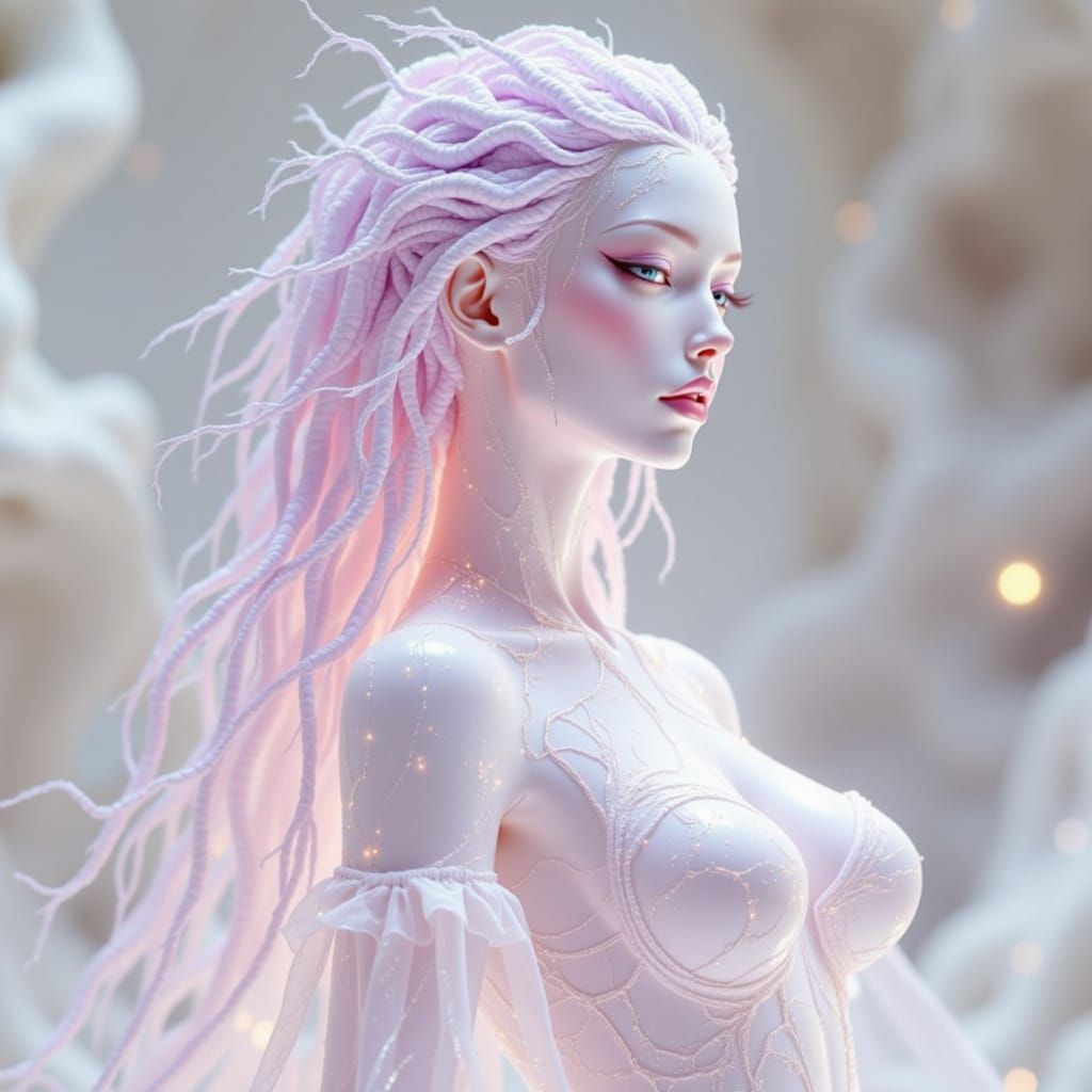 <lora:True Bioluminescence:1.0>  The image depicts a stylized luminous humanoid figure characterized by smooth, glossy skin with a pastel co...