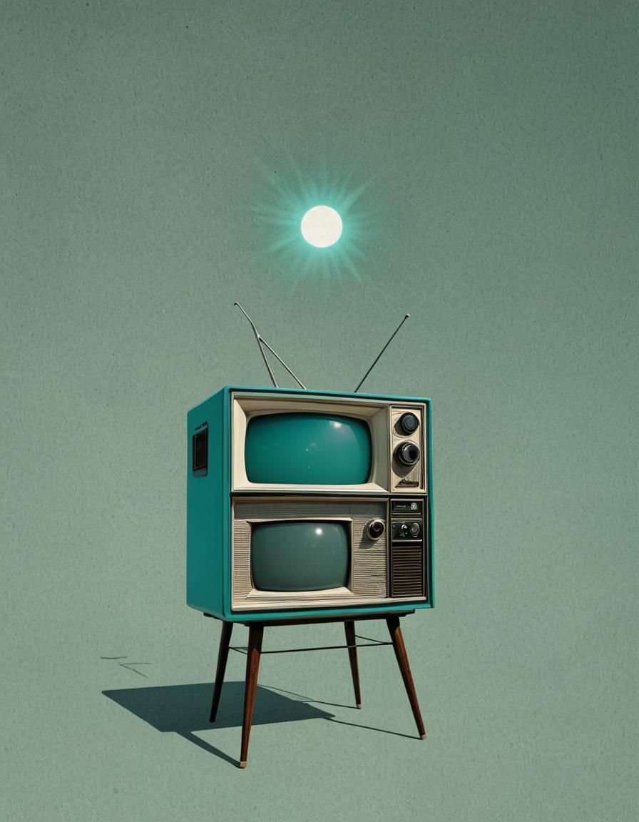Vintage teal television with solar exlipse, smoke,  simple, ...