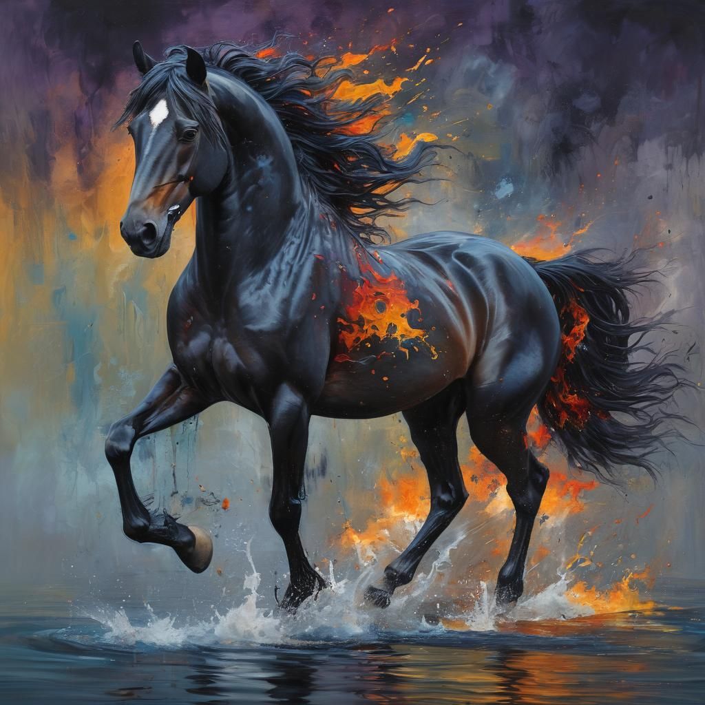 Black Horse with Flaming Mane in Abstract Expressionism