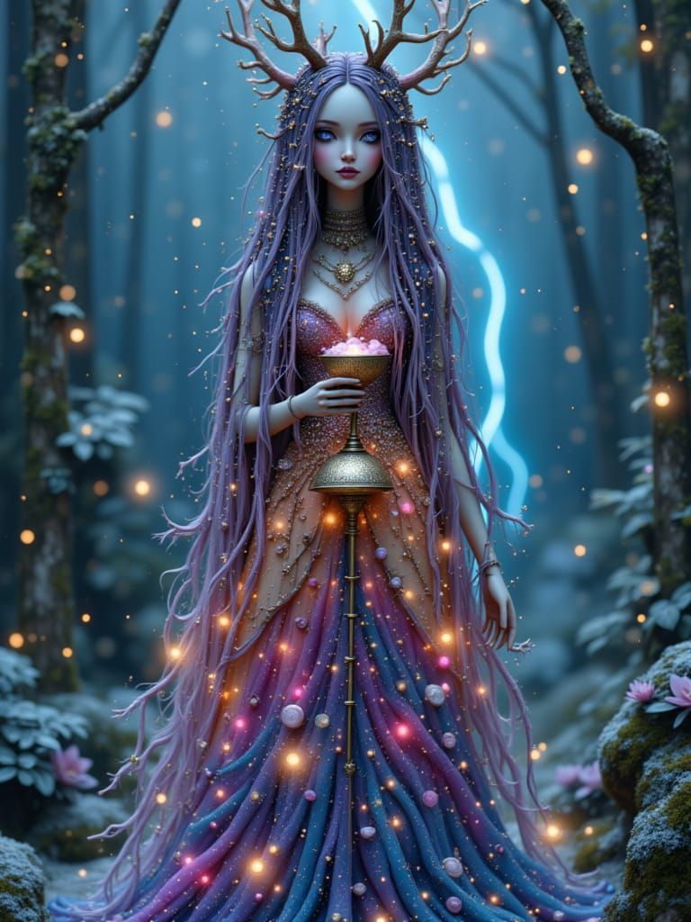 <lora:BlytheDoll:1.0> 

Radiant woman with antler-shaped dreadlocks, rainbow spiral striped gown, crystal canyon storm with neon lightning, ...