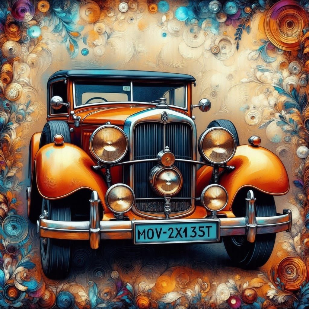 Vintage motorcar, Alexander Jansson mixed media, stitch punk <lora:Earth and oil:1.0> 