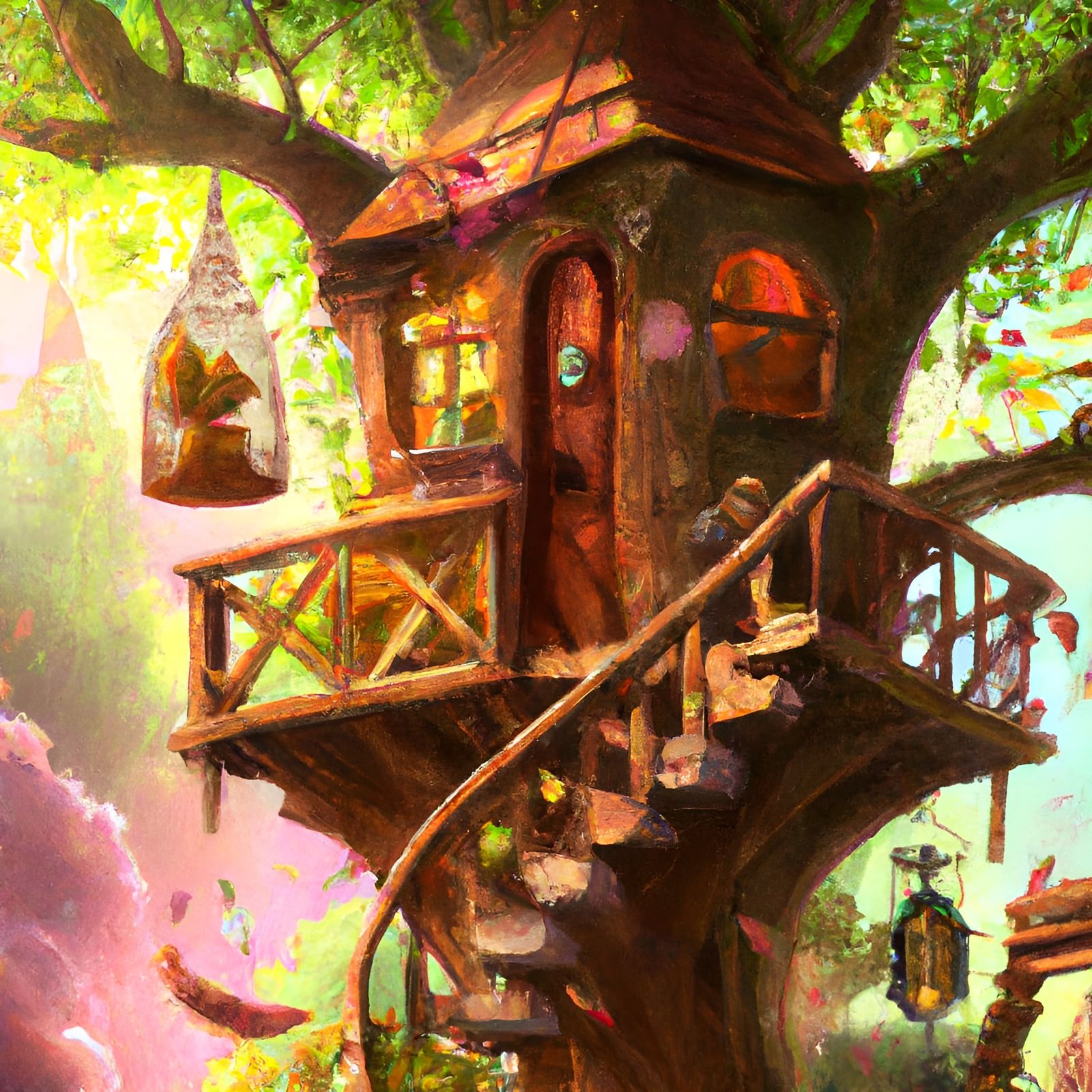 Bohemian Treehouse in Warm Forest, Digital Illustration