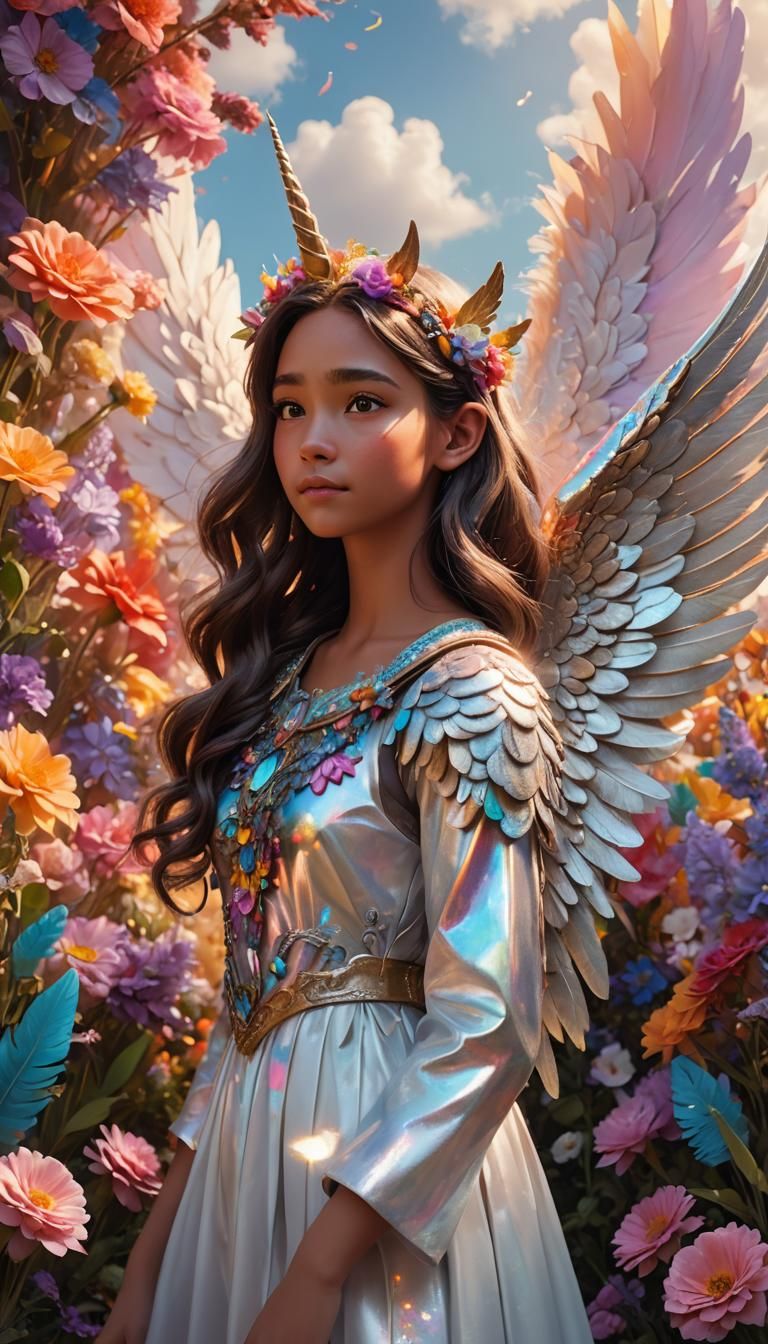 A girl with unicorn horn and angel wings. Pixar Style