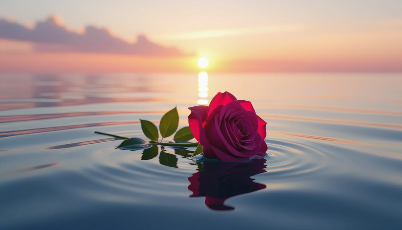 Magenta Rose Floating on Water at Sunset
