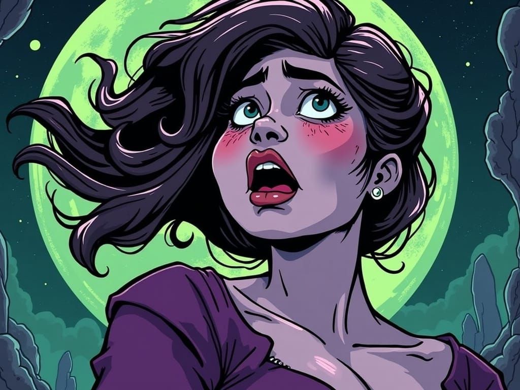 Behemoth she werewolf, grim howling at moon, transforming, clothes ripping, muscles budging <lora:Caffeine Cartoons V1:1.0> Close up illustr...