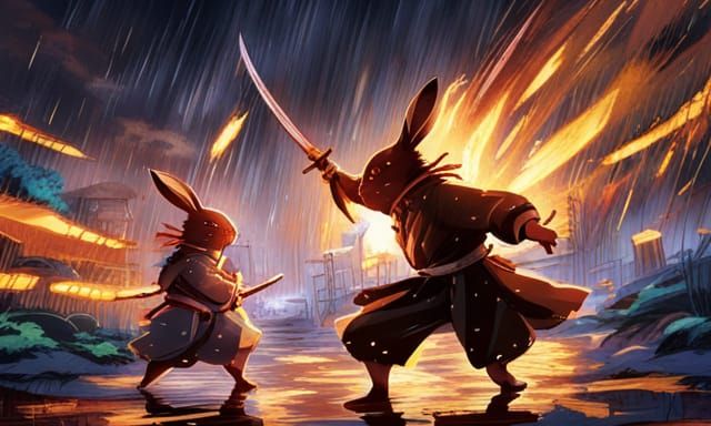 Samurai Rabbits fighting in the rain..