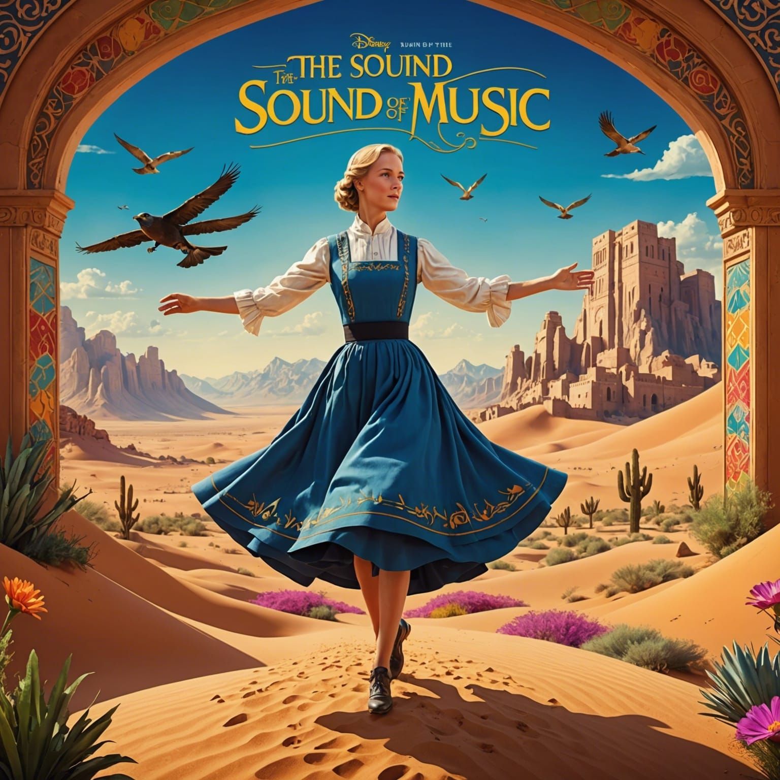 A movie poster with the words "The sound of music" with colo...