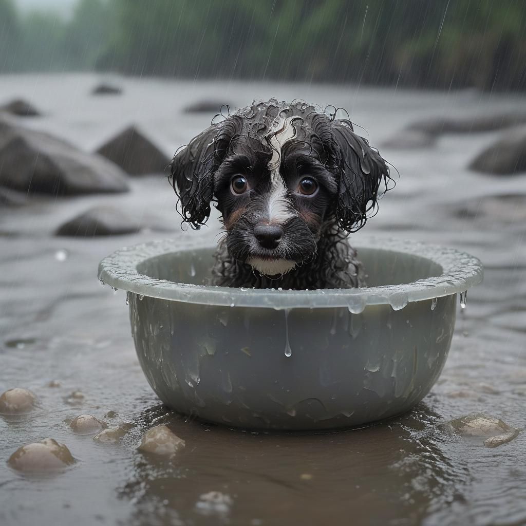 Cute puppy looking scared and soaking wet, floating down a fast running ...