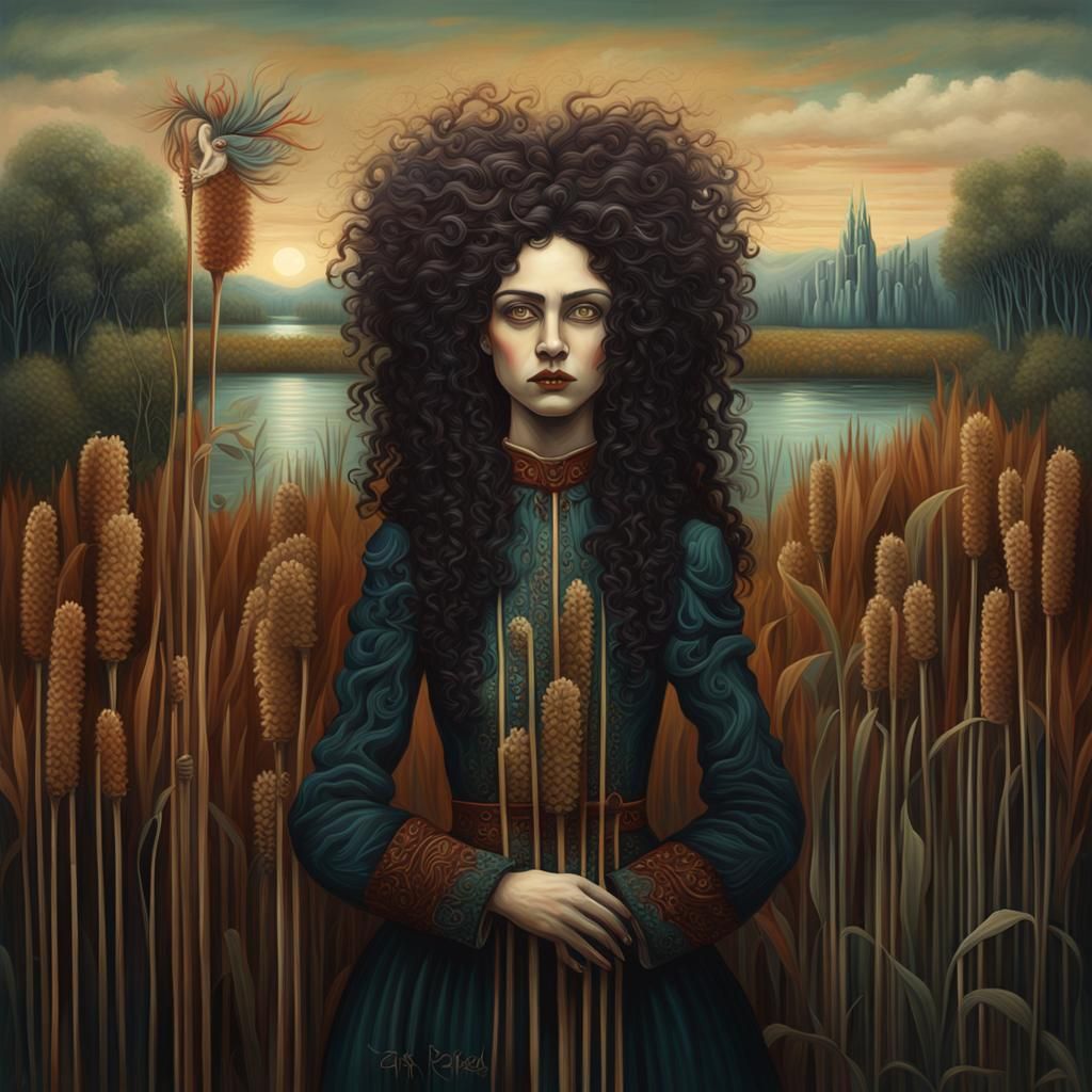 Surreal Gothic Woman Portrait in Naive Art Style
