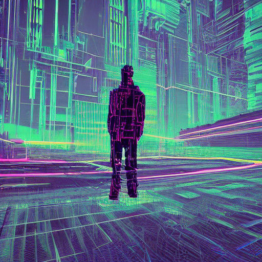 Cyberpunk Figure Standing in Neon-Lit Dystopia