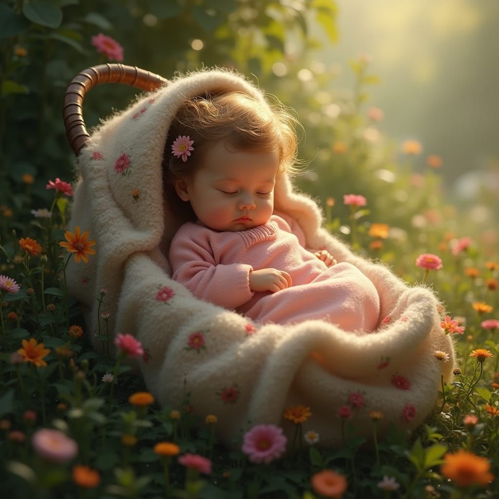 Surreal Landscape of Slumbering Infant in Whimsical Stroller...