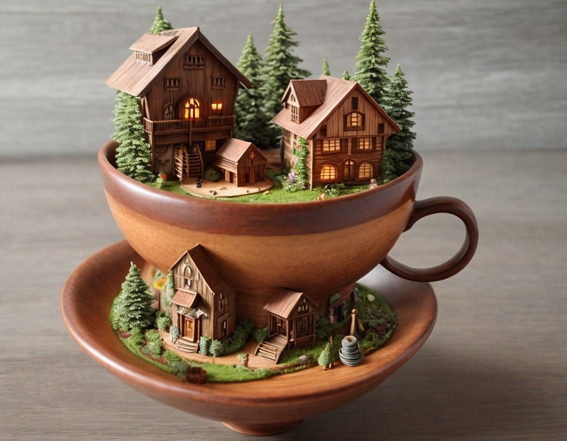 Tiny Wooden Houses in Cozy Nature Cups