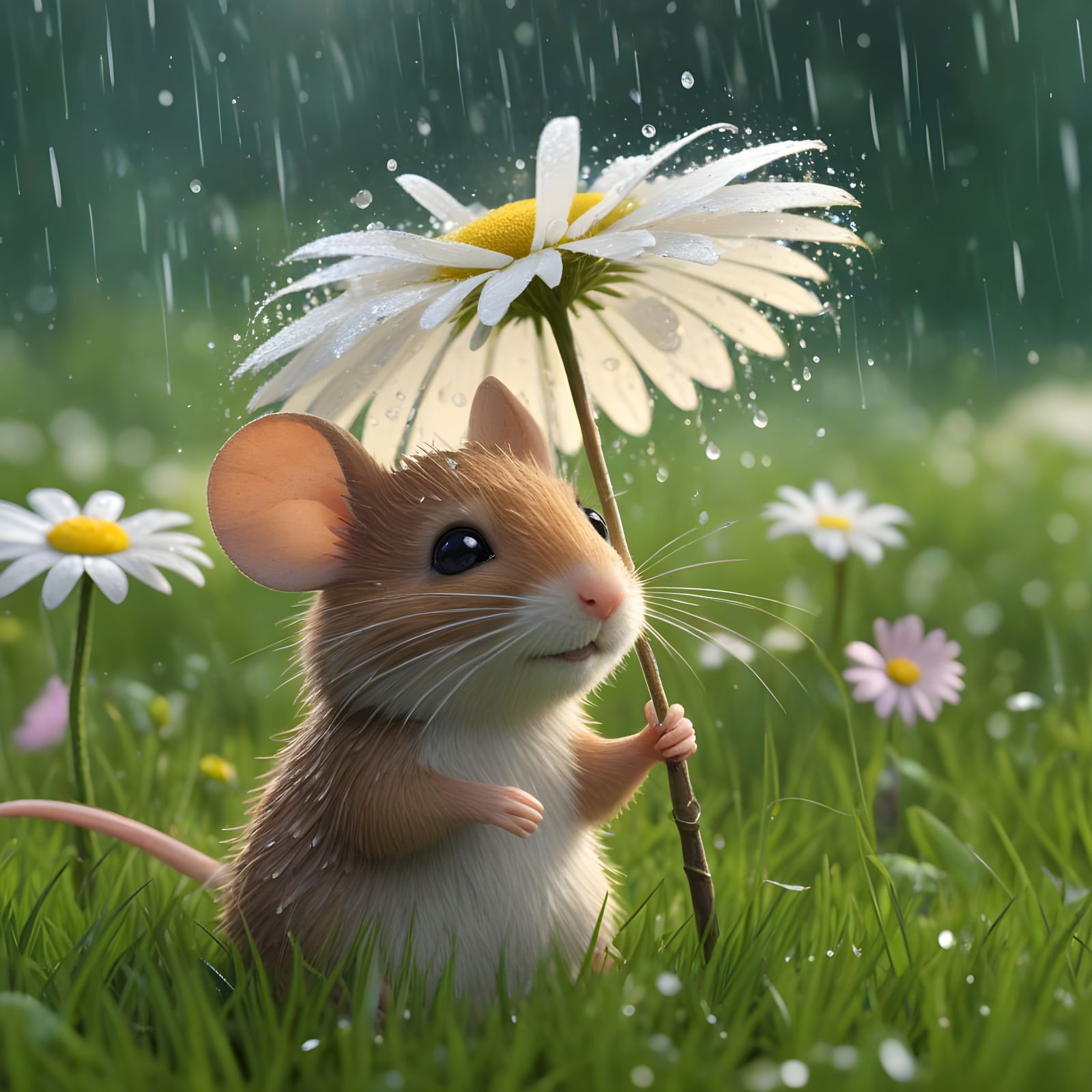 Cute Mouse Under Daisy Umbrella in Summer Rain