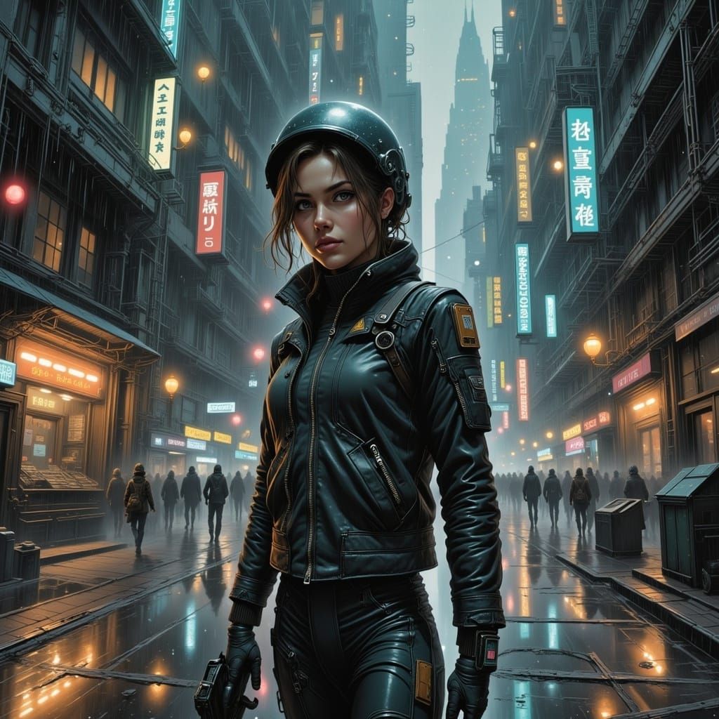 Medium shot of a female sci-fi protagonist in a cyberpunk city on a rainy evening. <lora:Caffeinated Skies:1.0> 