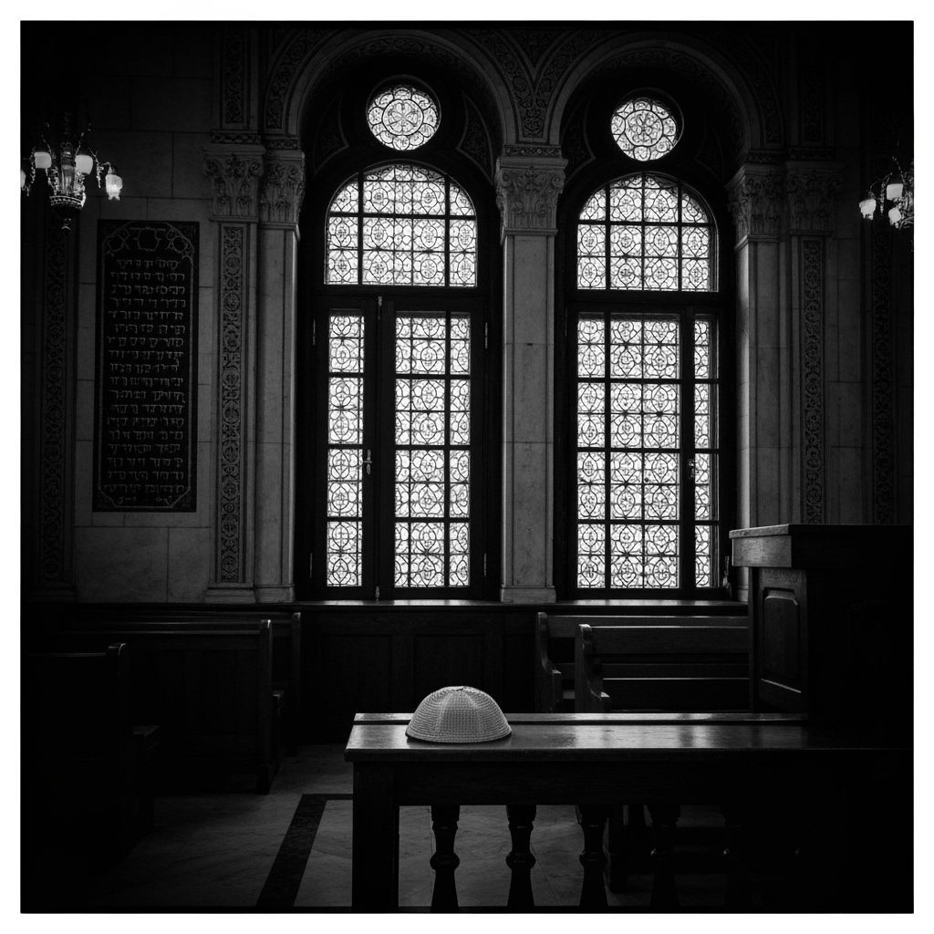 Black and White Synagogue with Dome and Stained Glass