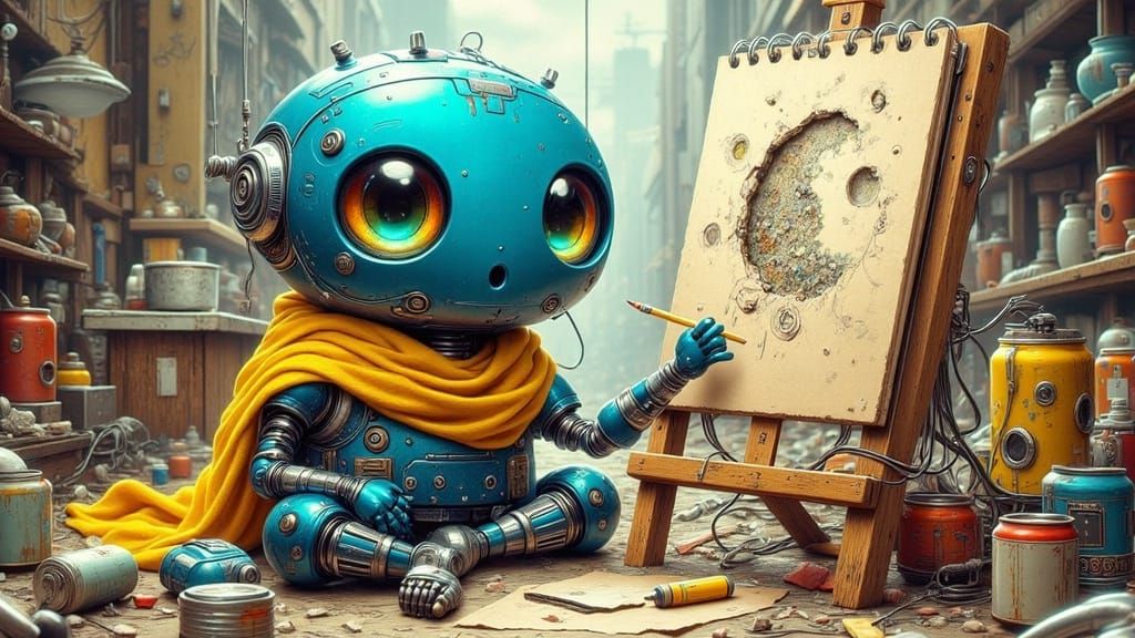 Adorable big eyed Android sitting in a trash heap drawing a picture: concept art, <lora:purrfectlyholoFL:1.0> ...  by @AutumnBear