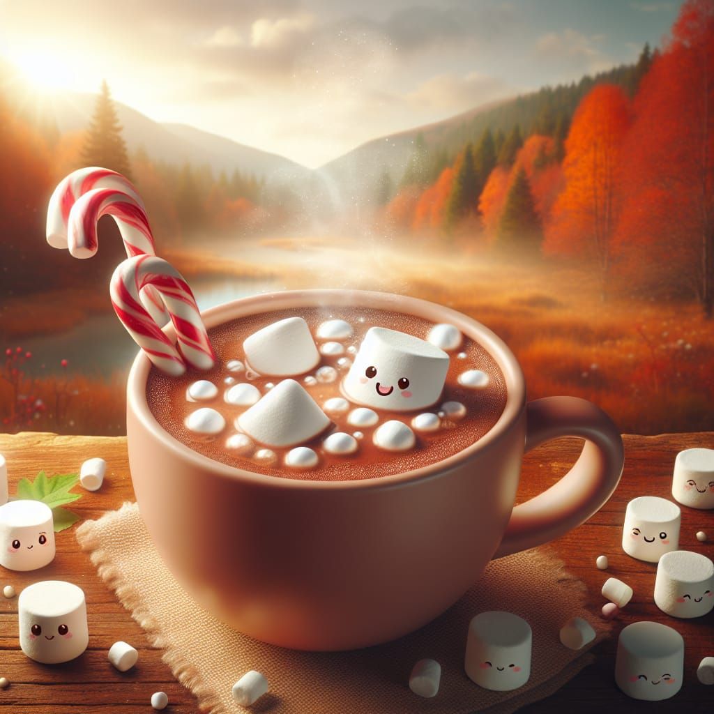a cup of hot chocolate with smiling marshmallows,  peppermin...