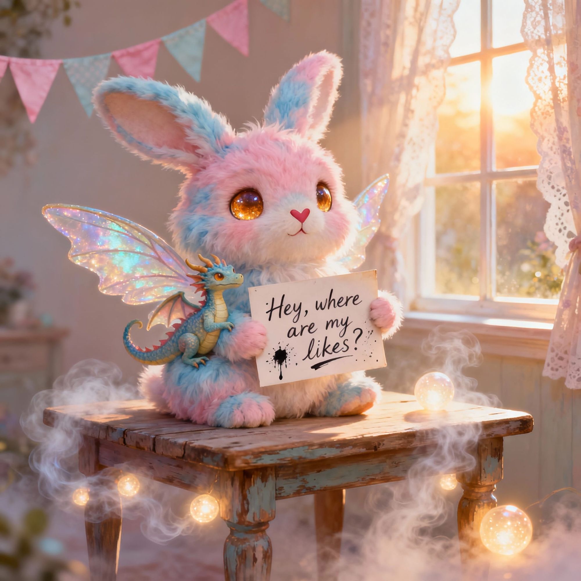 A super cute, fantastical animal sitting on a wooden table. The creature looks like a mix between a fluffy bunny and a tiny dragon: it has s...