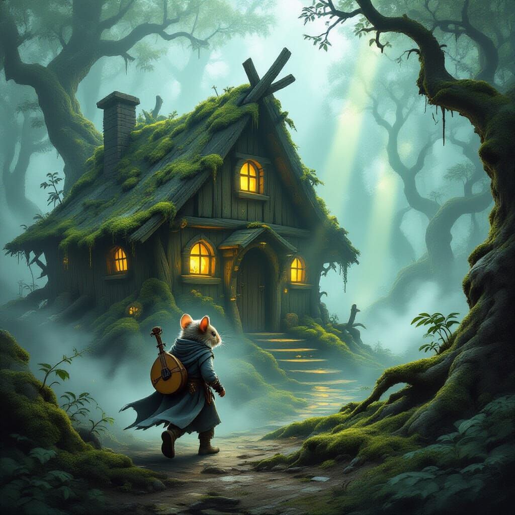 _In the heart of a vast, ancient forest shrouded in thick, living fog, a half-collapsed wooden hut leans among gnarled roots and twisted tre...