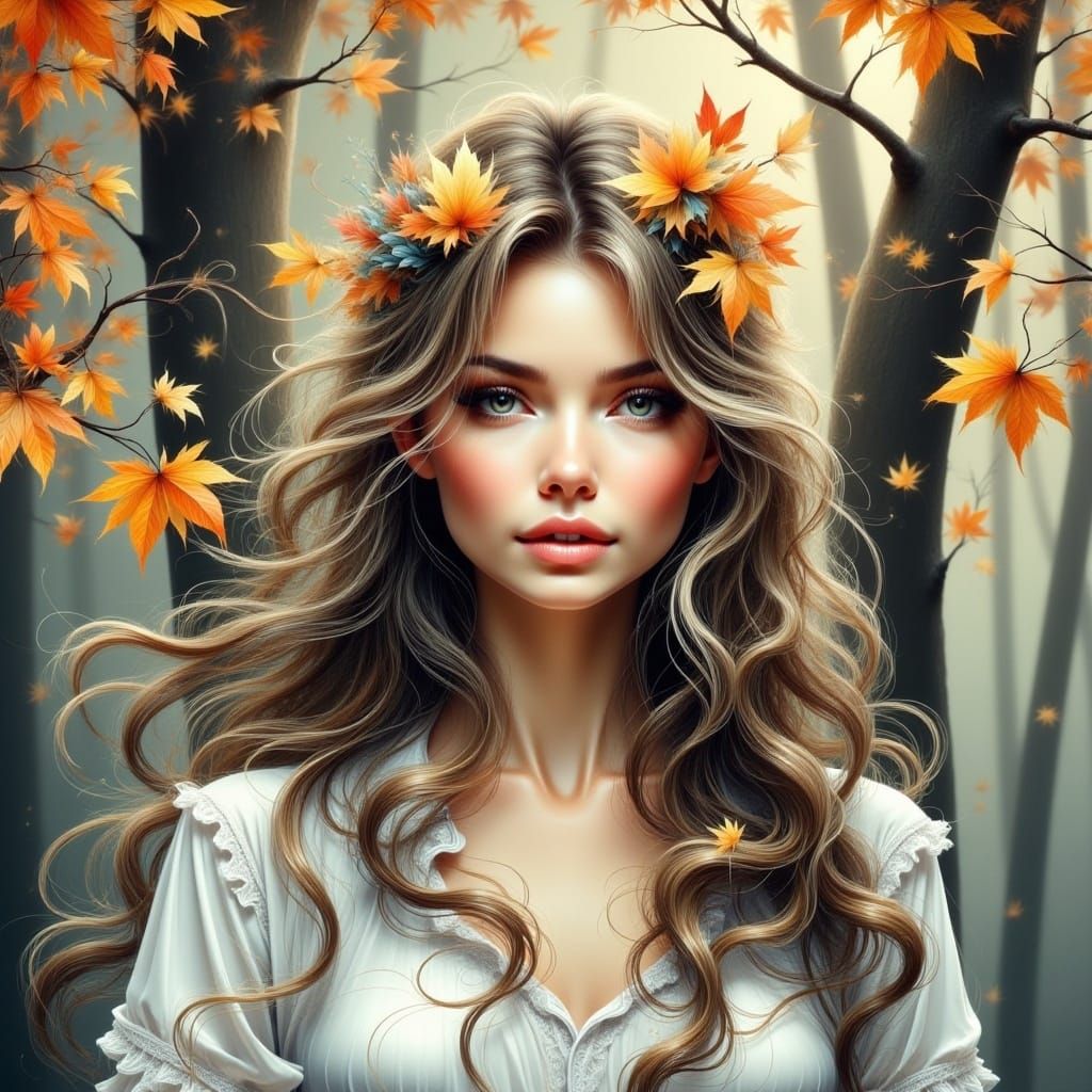 <lora:Ethereal Magic Flux:1.0> Forest girl embodying the magical shades of autumn captured in a digital illustration,  the watercolor techni...