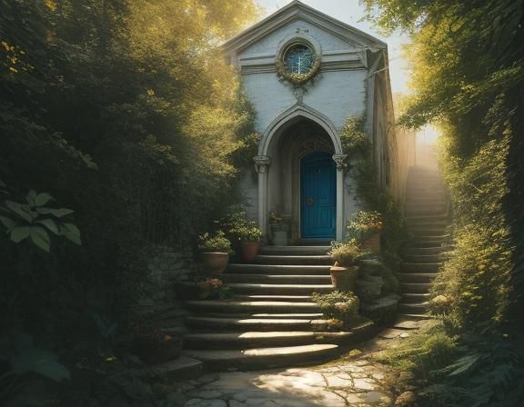 a painting of a stairway leading to a building, atmospheric ...