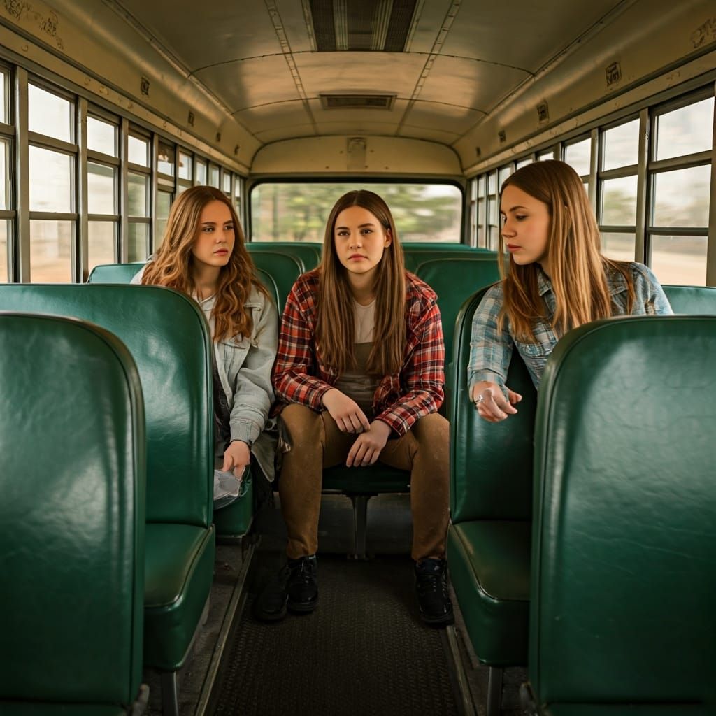 Teenage Girls on School Bus in Hyperrealistic Photo