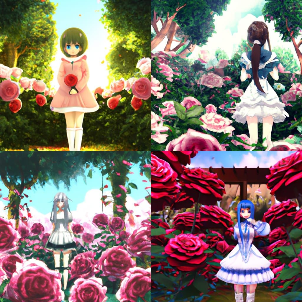 Anime Girl standing in garden woods of giant roses