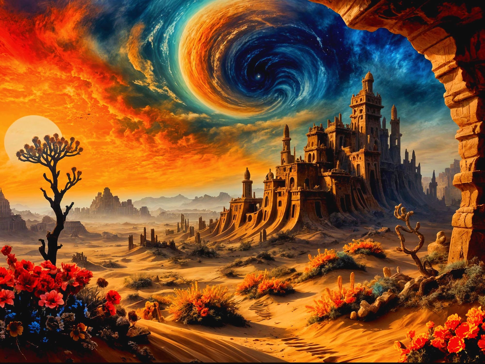 A breathtaking vista of (a lost desert city:3), revealed by colossal, shifting sand dunes ...