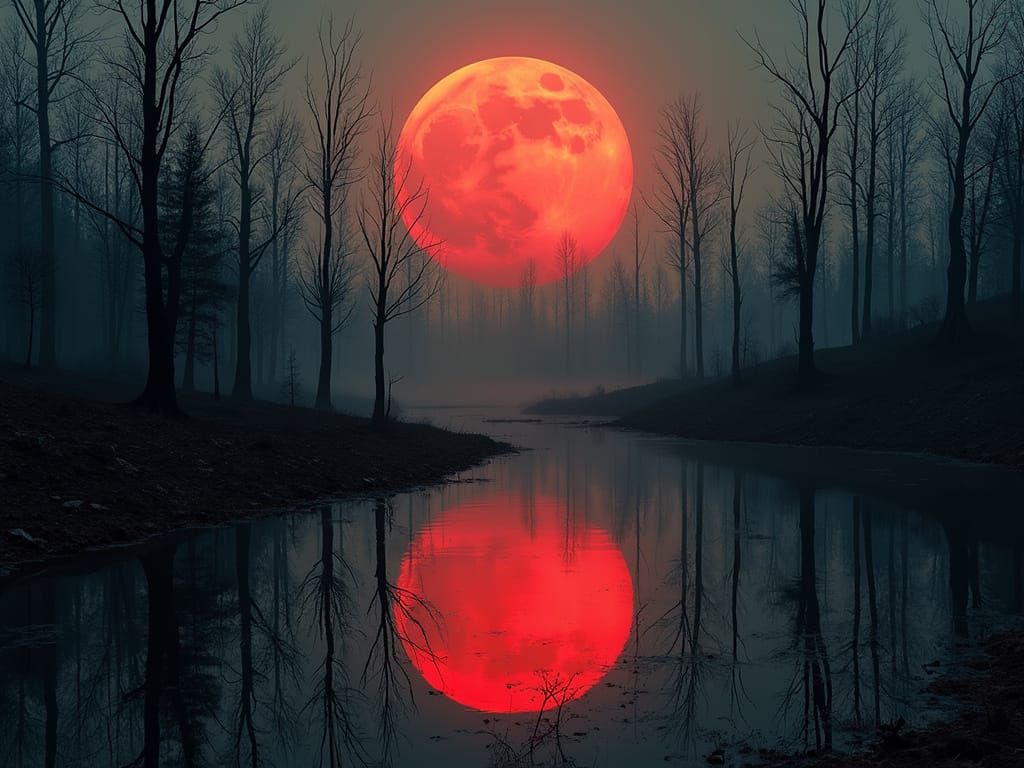 a red moon reflecting on a still lake, surrounded by charred trees. The scene conveys a haunting beauty, ...  by @Zoli