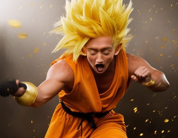 Realistic and Beautiful Super Sayayin man in a combat on a l...