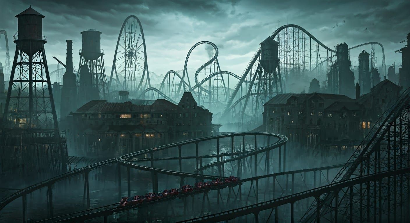 Extreme Theme Parks, A detailed map of a horror-themed park filled with haunted houses and spooky rides, ...  by @aNta