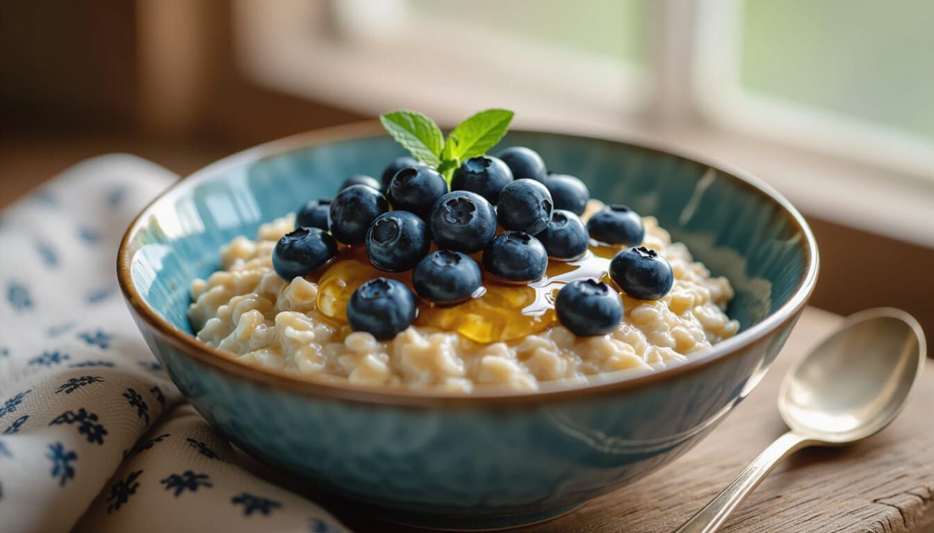 A vibrant bowl of oatmeal topped with fresh blueberries and a generous drizzle of honey that glistens under the light, enhancing the colorfu...