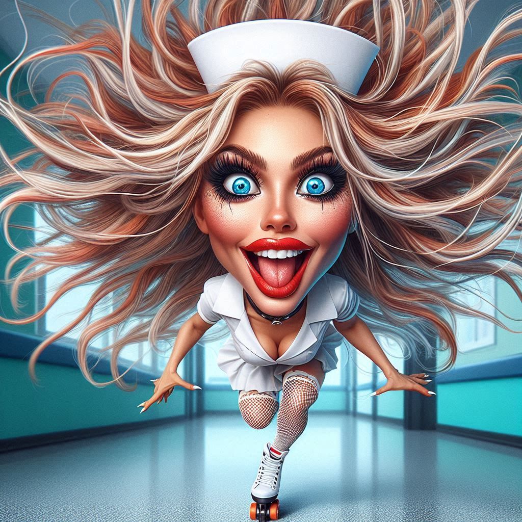 crazy nurse running with rollerblades over the floor..